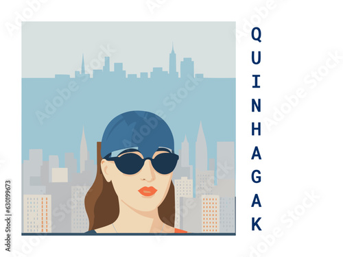 Square flat design tourism poster with a cityscape illustration of Quinhagak (United States)