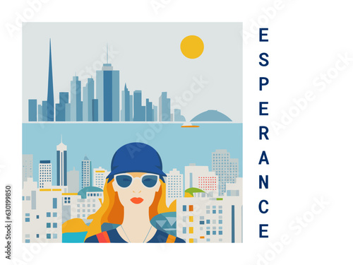 Square flat design tourism poster with a cityscape illustration of Esperance (Australia)