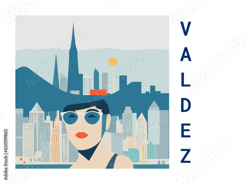 Square flat design tourism poster with a cityscape illustration of Valdez (United States)