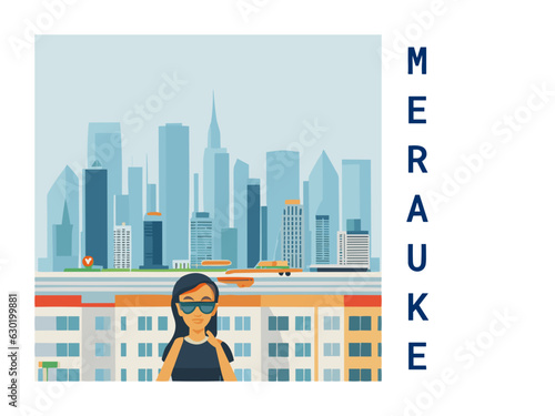 Square flat design tourism poster with a cityscape illustration of Merauke (Indonesia)