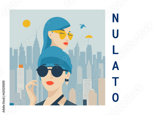 Square flat design tourism poster with a cityscape illustration of Nulato (United States)