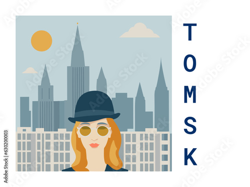 Square flat design tourism poster with a cityscape illustration of Tomsk (Russia)