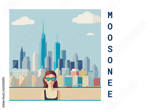 Square flat design tourism poster with a cityscape illustration of Moosonee (Canada)