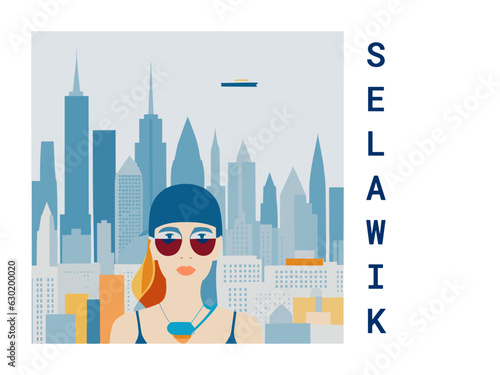 Square flat design tourism poster with a cityscape illustration of Selawik (United States)