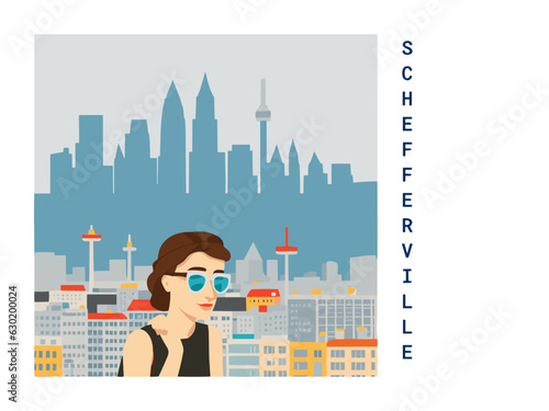 Square flat design tourism poster with a cityscape illustration of Schefferville (Canada)