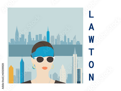 Square flat design tourism poster with a cityscape illustration of Lawton (United States)