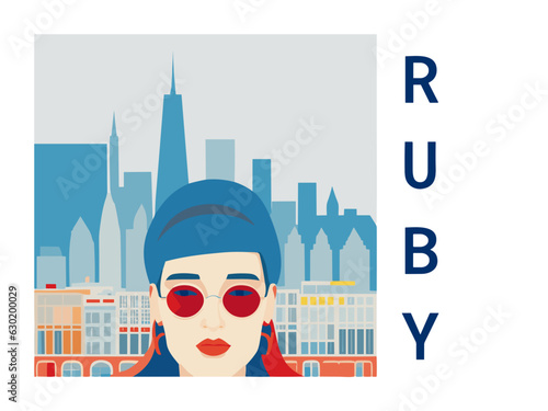 Square flat design tourism poster with a cityscape illustration of Ruby (United States)