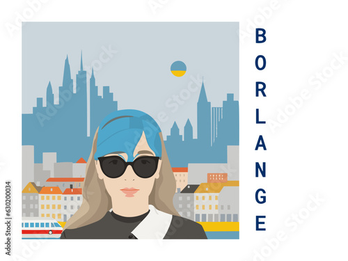 Square flat design tourism poster with a cityscape illustration of Borlange (Sweden)