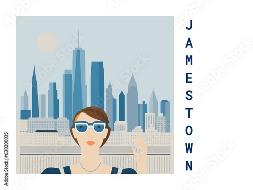Square flat design tourism poster with a cityscape illustration of Jamestown (United States)