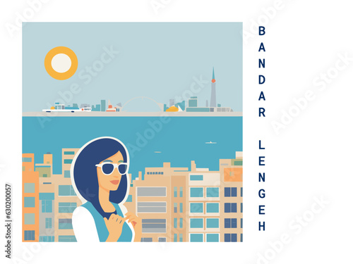 Square flat design tourism poster with a cityscape illustration of Bandar Lengeh (Iran)