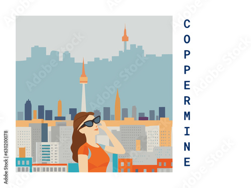 Square flat design tourism poster with a cityscape illustration of Coppermine (Canada)