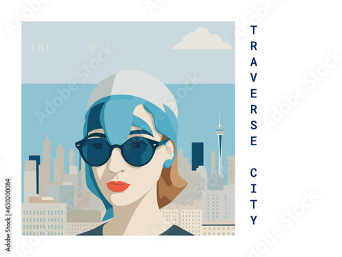 Square flat design tourism poster with a cityscape illustration of Traverse City (United States)