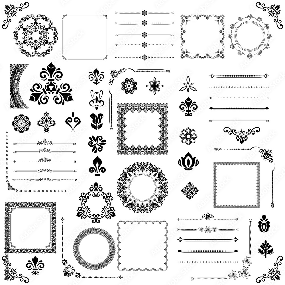 Vintage set of horizontal, square and round elements. Different black and white elements for backgrounds, frames and monograms. Classic patterns. Set of vintage patterns