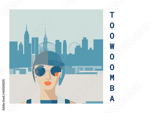 Square flat design tourism poster with a cityscape illustration of Toowoomba (Australia)