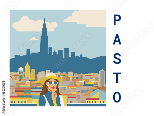 Square flat design tourism poster with a cityscape illustration of Pasto (Colombia)