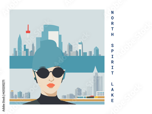 Square flat design tourism poster with a cityscape illustration of North Spirit Lake (Canada)