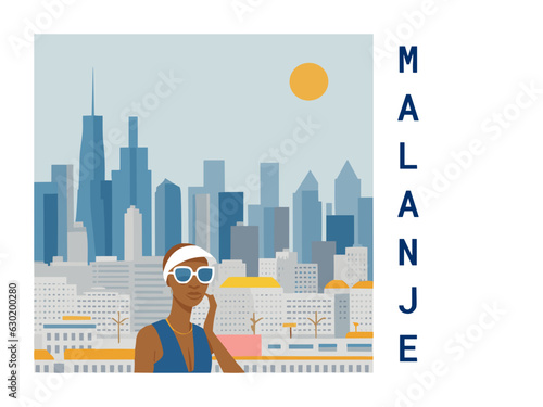 Square flat design tourism poster with a cityscape illustration of Malanje (Angola)