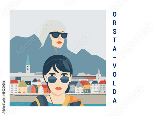 Square flat design tourism poster with a cityscape illustration of Orsta-Volda (Norway)