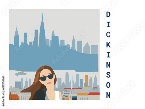 Square flat design tourism poster with a cityscape illustration of Dickinson (United States)