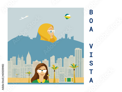 Square flat design tourism poster with a cityscape illustration of Boa Vista (Brazil)