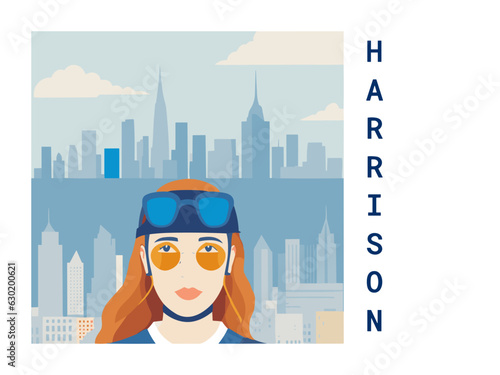 Square flat design tourism poster with a cityscape illustration of Harrison (United States)