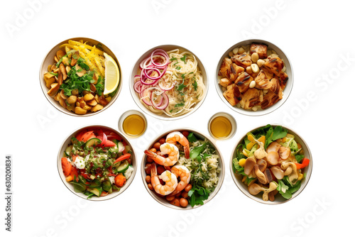 Nutritious salads with a base of mixed greens, topped with grilled chicken, shrimp, or tofu, and a variety of vegetables, nuts, and dressing on the side on white background - Generative AI