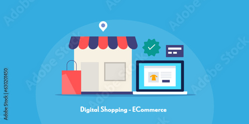 Local business offline shop selling product with digital shopping ecommerce technology, customer buying online using secure banking transaction from laptop, vector illustration.