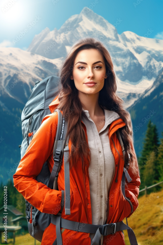 AI generated portrait of tourist woman with backpack