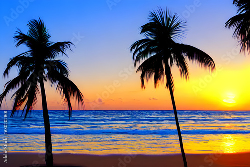 Beach with palm trees and calm waves     Generative AI                         