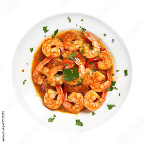 Camarones Al Ajillo Garlic Shrimp Cuban Cuisine On White Plate On Isolated Transparent Background, Png