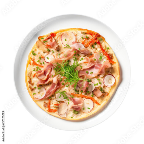 Flammkuchen German Cuisine On White Plate On Isolated Transparent Background, Png