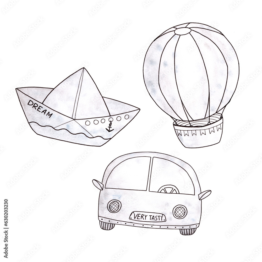 A collection of hand-drawn illustrations. A flying hot air balloon, a cute car, a paper boat in a simple doodle children's style. Isolated on a white background, not AI. A collection of hand-drawn illustrations. A flying hot air balloon, a cute car, a paper boat in a simple doodle children's style. Isolated on a white background, not AI.