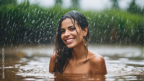 Portrait of beautiful erotic smiling wet woman in the water in the rain. Generative AI