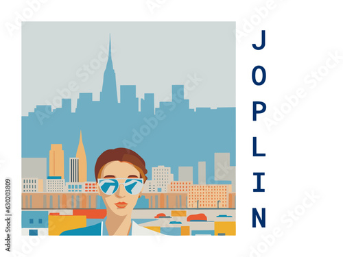 Square flat design tourism poster with a cityscape illustration of Joplin (United States)