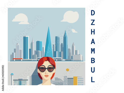 Square flat design tourism poster with a cityscape illustration of Dzhambul (Kazakhstan)