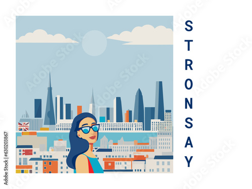Square flat design tourism poster with a cityscape illustration of Stronsay (United Kingdom)