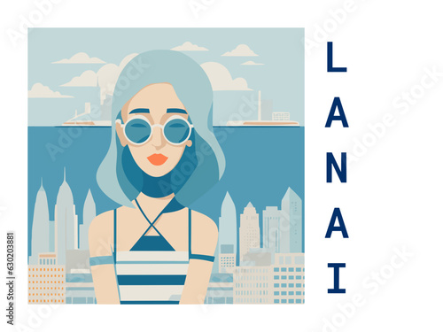 Square flat design tourism poster with a cityscape illustration of Lanai (United States)