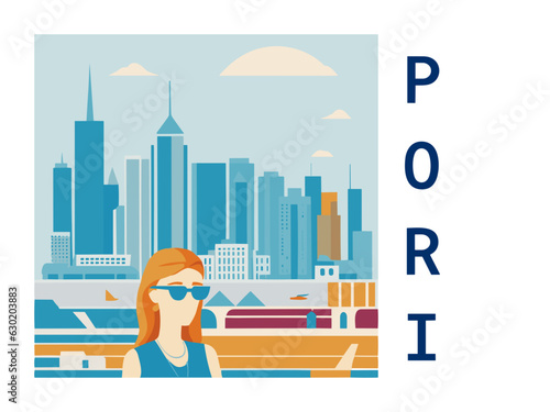 Square flat design tourism poster with a cityscape illustration of Pori (Finland)