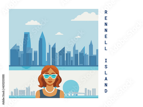 Square flat design tourism poster with a cityscape illustration of Rennell Island (Solomon Islands) photo