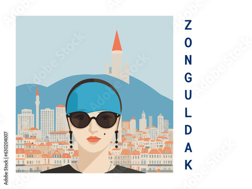 Square flat design tourism poster with a cityscape illustration of Zonguldak (Turkey)