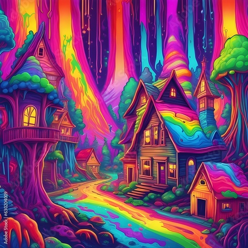Rainbow Small Town in a Redwood Forest: DMT Art Unveiling Psychedelic Wonderland | Psychedelic Artwork, DMT-Inspired Illustrations, Trippy Visuals, Mind-Bending Rainbow, Enchanting Forest Landscape