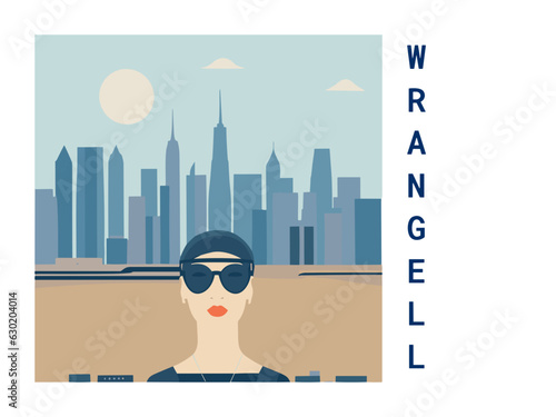 Square flat design tourism poster with a cityscape illustration of Wrangell (United States)