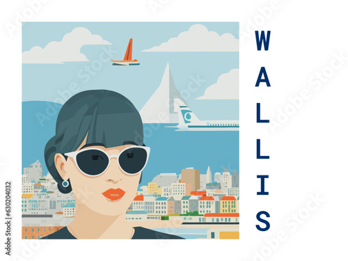 Square flat design tourism poster with a cityscape illustration of Wallis (Wallis and Futuna)