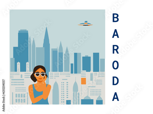 Square flat design tourism poster with a cityscape illustration of Baroda (India)