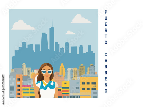 Square flat design tourism poster with a cityscape illustration of Puerto Carreno (Colombia) photo