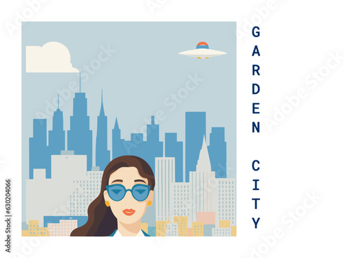 Square flat design tourism poster with a cityscape illustration of Garden City (United States)