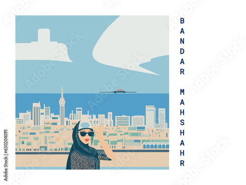 Square flat design tourism poster with a cityscape illustration of Bandar Mahshahr (Iran)