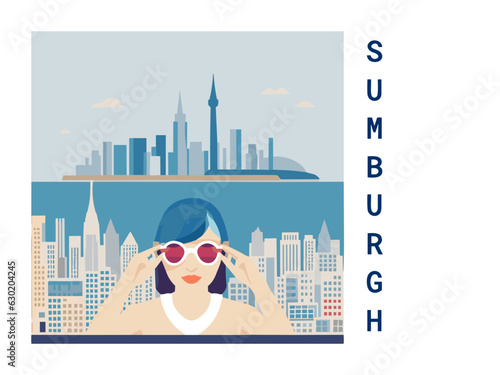 Square flat design tourism poster with a cityscape illustration of Sumburgh (United Kingdom)