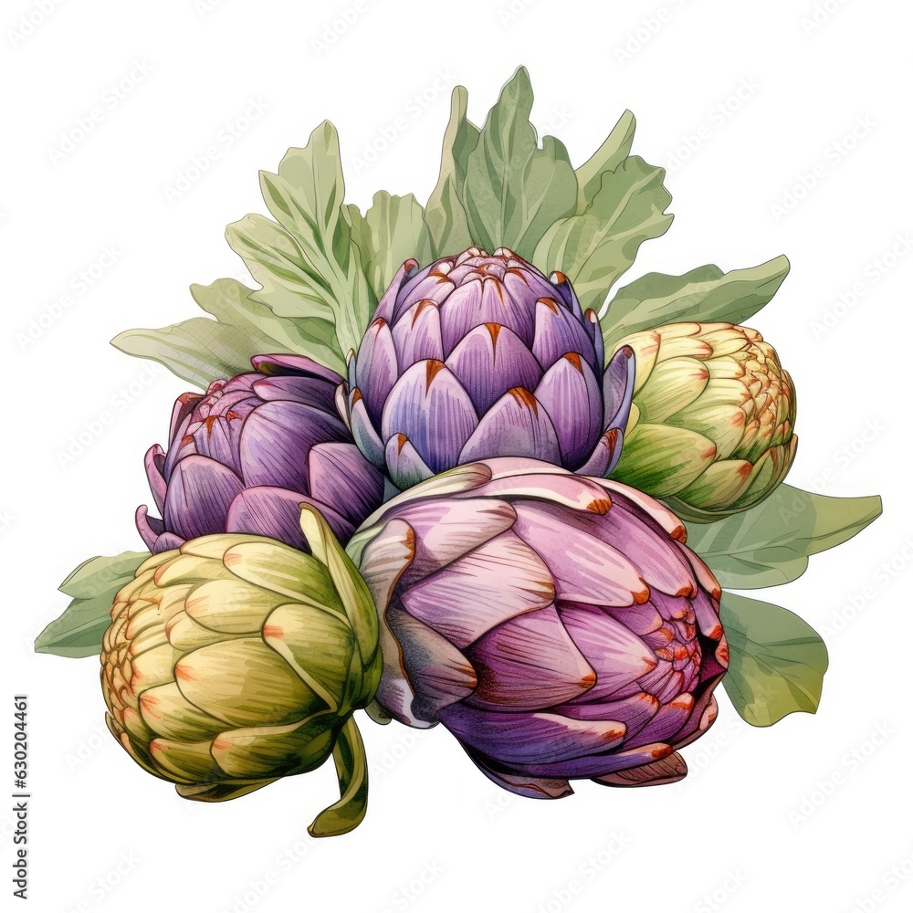 Fototapeta premium A pile of Artichoke and their flowers and leaves. Generative AI