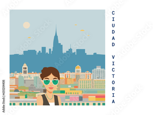 Square flat design tourism poster with a cityscape illustration of Ciudad Victoria (Mexico)